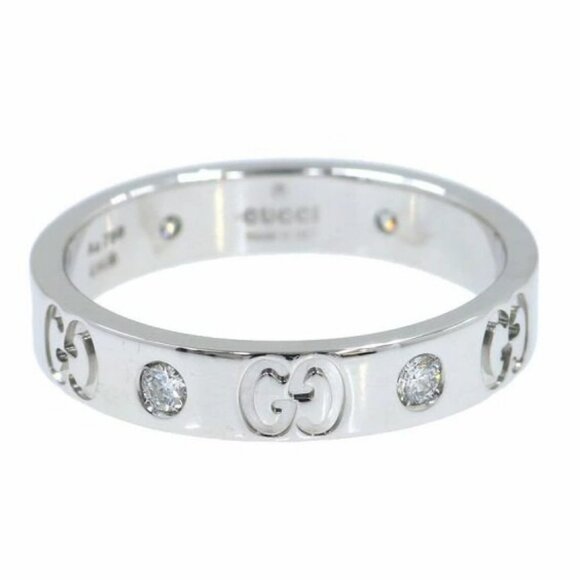GUCCI GG Logo Diamond Band Ring size US7.5 18k White Gold Auth #5539F - Picture 4 of 11